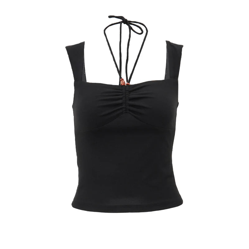 Xeemilo Vintage Black Square-neck Halter Tank Top Sexy Slim Pleated Backless Summer Crop Tops 2023 Women Sleeveless Bodycon Vest